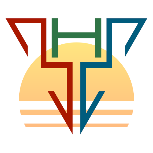 These are my initials: B (red), H (green), and M (blue). I've turned them into a sigil in the form of a mirror-symmetric triangle, something like the shape of a thunderbird. The logo is against a setting sun.
